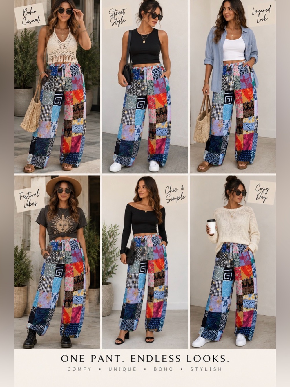 Boho Patchwork Wide-Leg Pants - Multicolor
